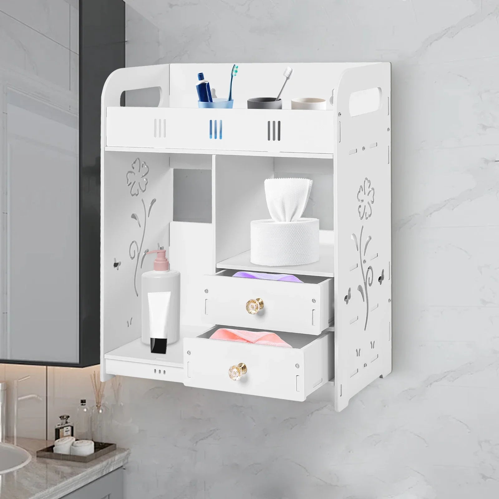 Bathroom Shelf White Wall Cabinet Bathroom Wall Mounted Wall Cabinet with 2 Drawers for Bathroom Storage Bathroom Organizer