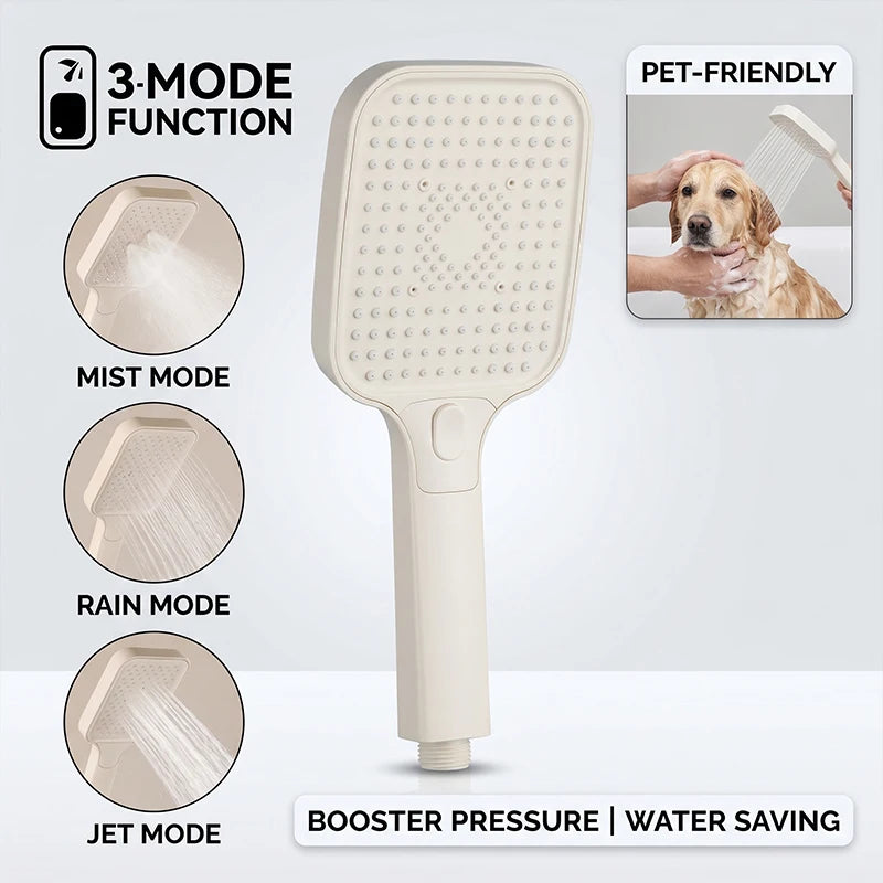 High Pressure 3-Mode Handheld Shower Head, Beige Water Saving Sprayer with Mist/Rain/Jet Modes