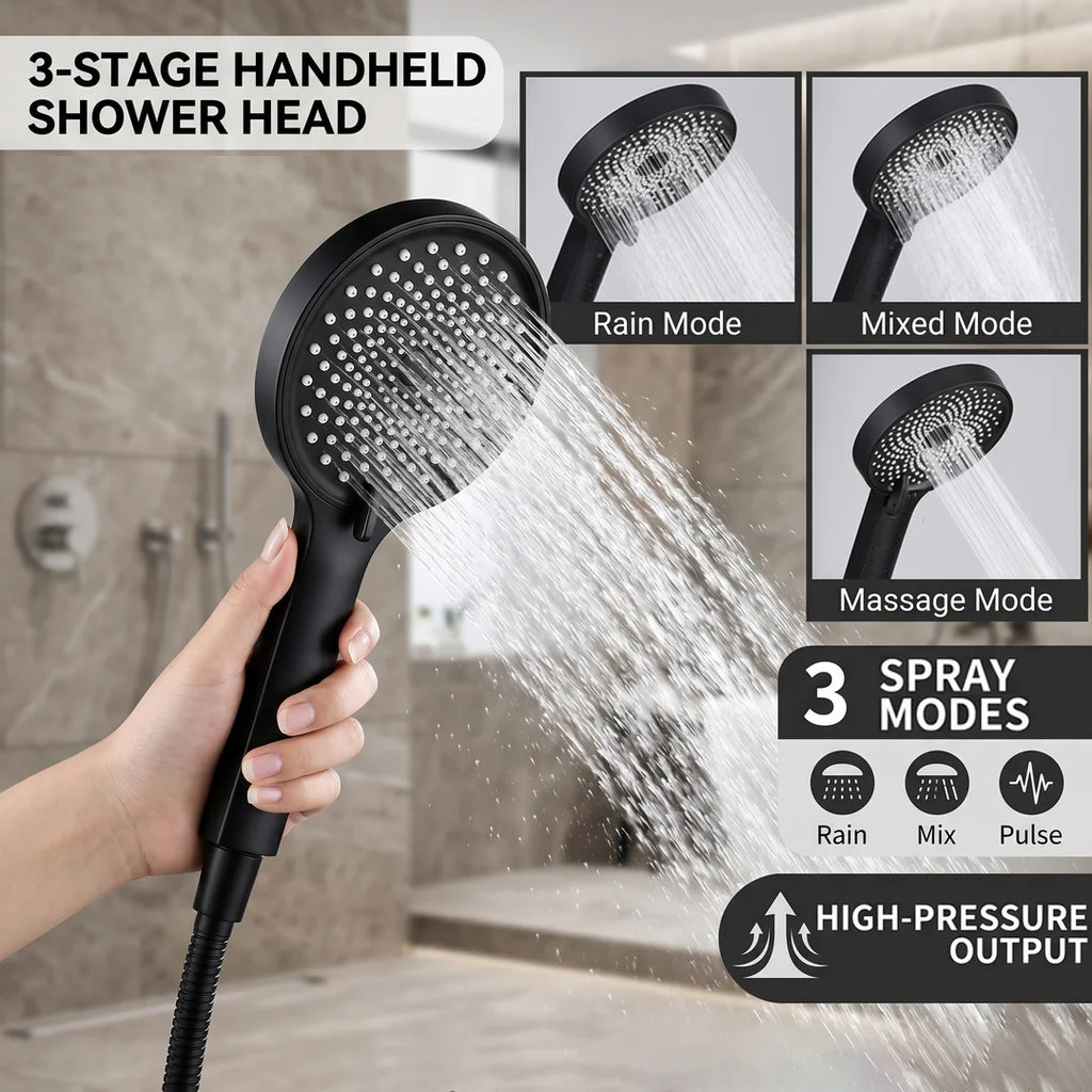High Pressure Handheld Shower Head with 3 Spray Modes, Black Multi-Function Booster Sprayer