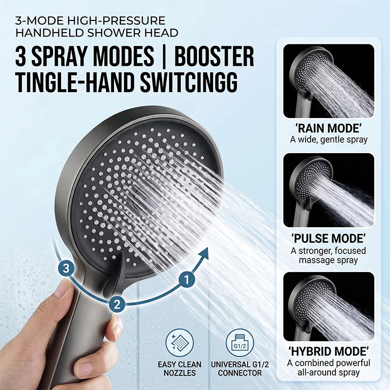 High Pressure Handheld Shower Head with 3 Spray Modes, Black Multi-Function Booster Sprayer