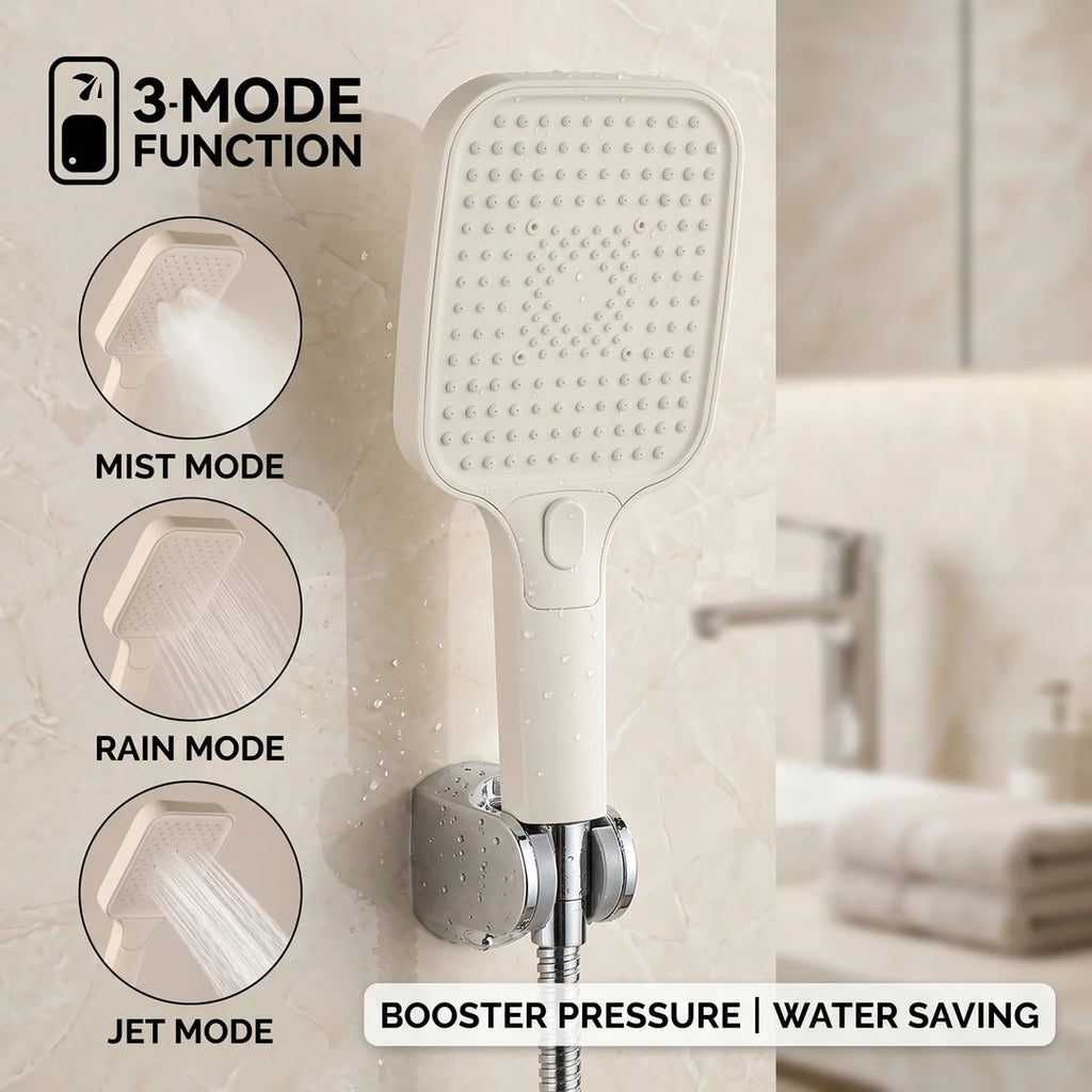 High Pressure 3-Mode Handheld Shower Head, Beige Water Saving Sprayer with Mist/Rain/Jet Modes