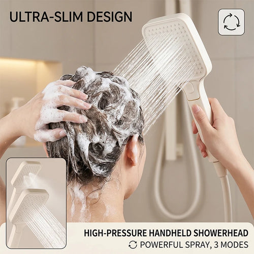 High Pressure 3-Mode Handheld Shower Head, Beige Water Saving Sprayer with Mist/Rain/Jet Modes